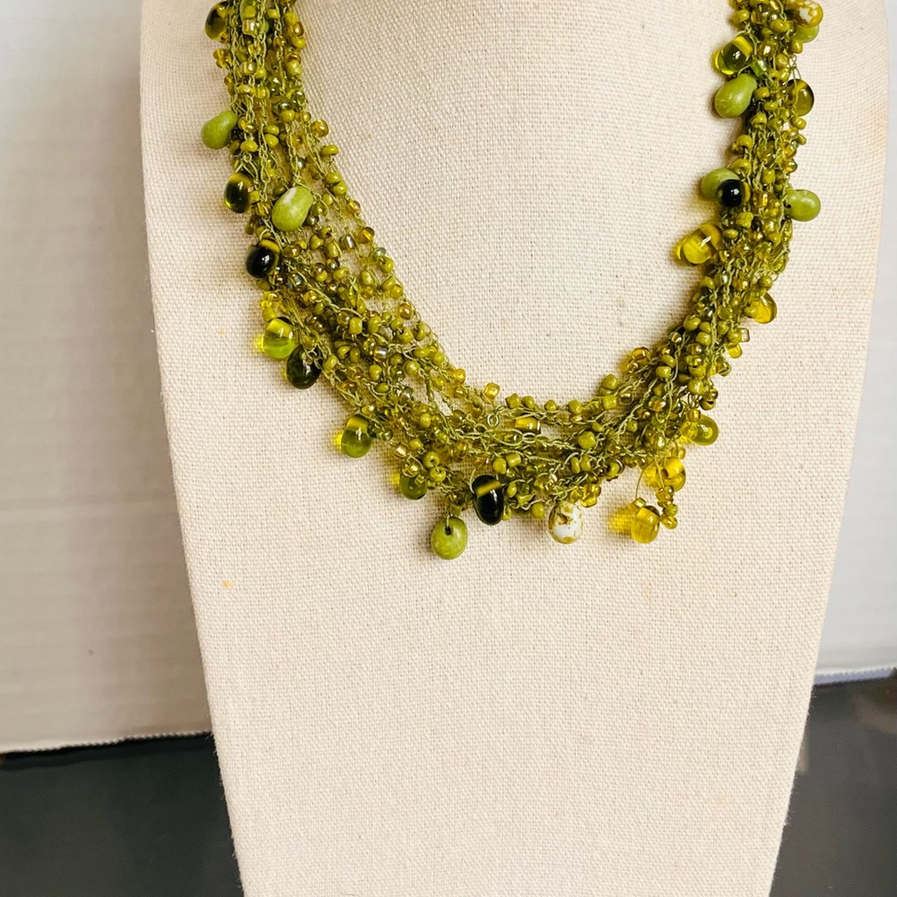 Boho Green Crocheted Bead Necklace Glass Dangle 14-16”
